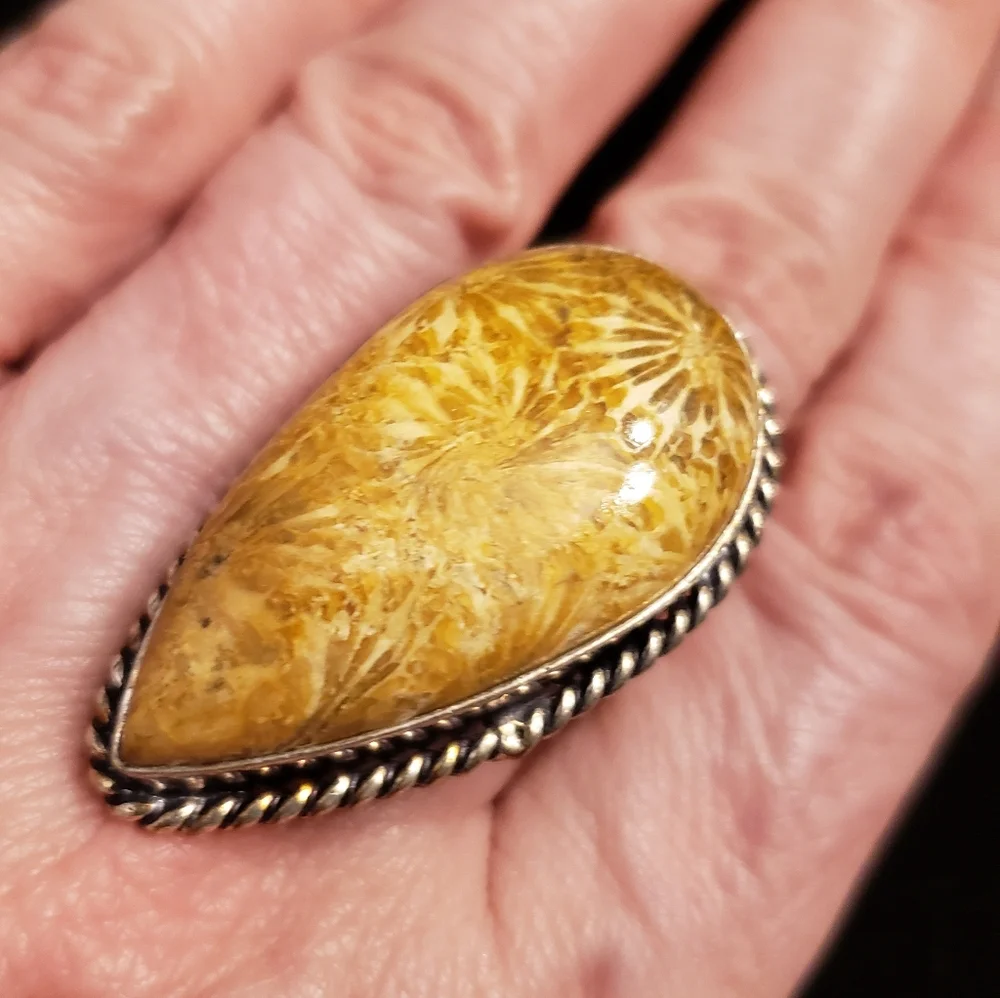 NWOT Fossilized Coral Ring, Handmade By Artisans, Polished Honey Gold, Sz. 8 - Picture 4 of 6